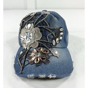 Vintage Y2K Bejeweled Bling‎ Flower Denim Bling Hat Women's One Size